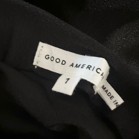 Good American Black Sheen Luster Mock Neck Ruched Front Bodysuit 1 Small GB0436 - Picture 8 of 8